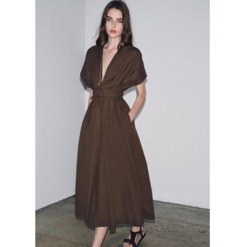 Zara Nwt Zw Collection Brown Midi Dress With Ties 2965/395